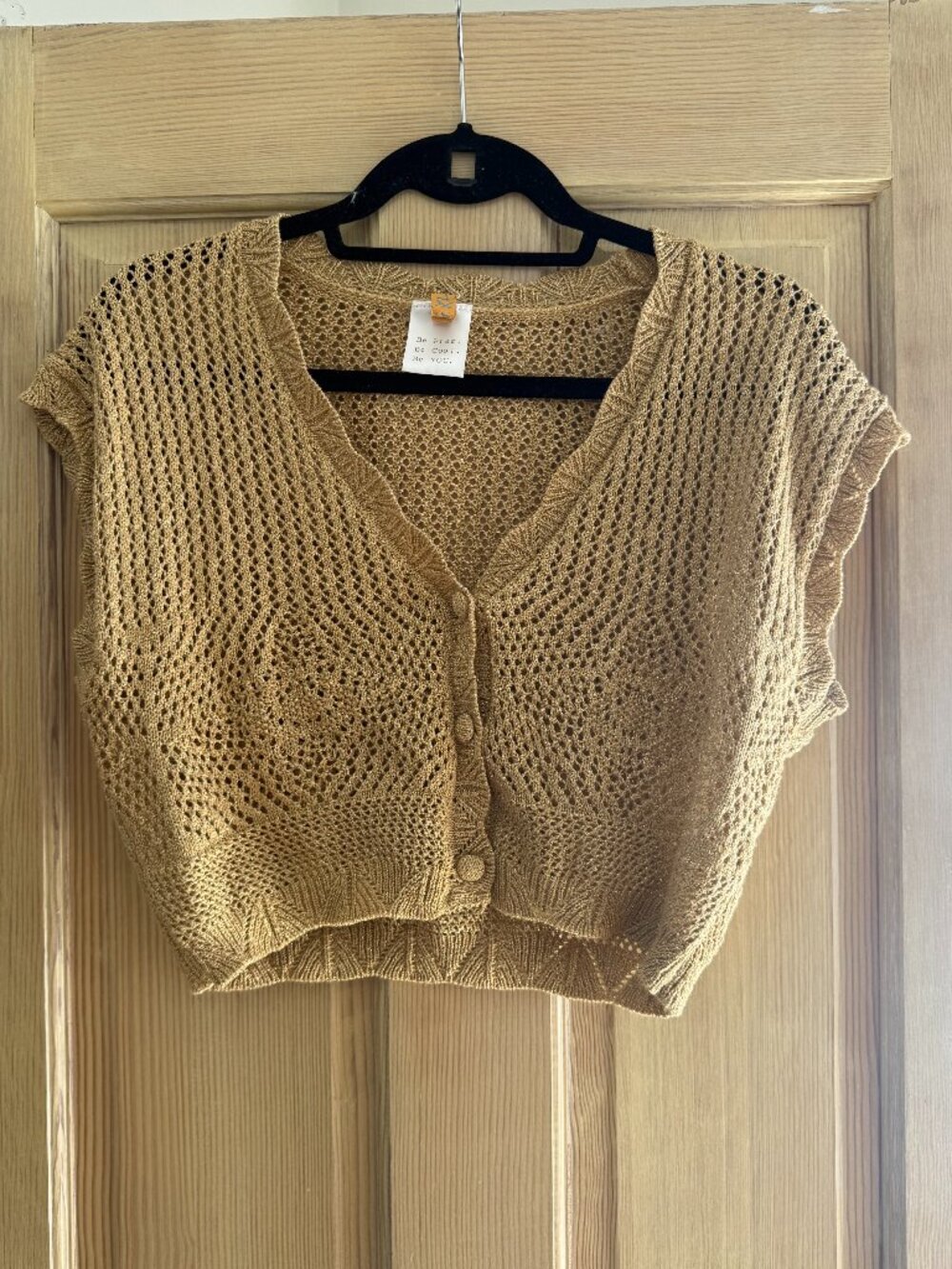 Boho Open-Knit Cropped Cardigan | Gold/Tan | Size M